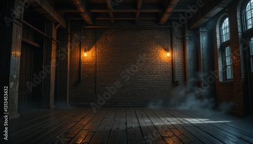 Abandoned Industrial Room with Wooden Floor and Dramatic Lighting