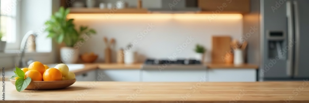 Clean empty tabletop above blurred kitchen activity, wood, preparation, space Clean empty tabletop above blurred kitchen activity, wood, preparation, space