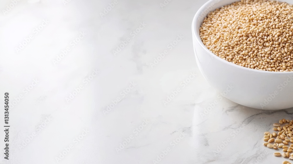 White Bowl Filled with Raw Quinoa on a Marble Surface Background White Bowl Filled with Raw Quinoa on a Marble Surface Background