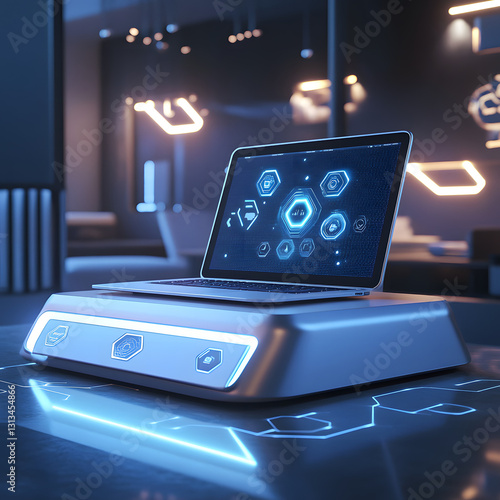 Wallpaper Mural Futuristic Laptop on Smart Tech Platform Illuminated Interface Torontodigital.ca