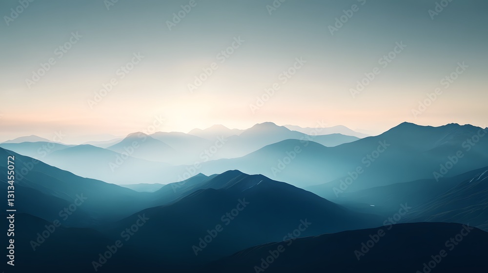 Layers of mountain ranges under an early morning sky are visible Layers of mountain ranges under an early morning sky are visible