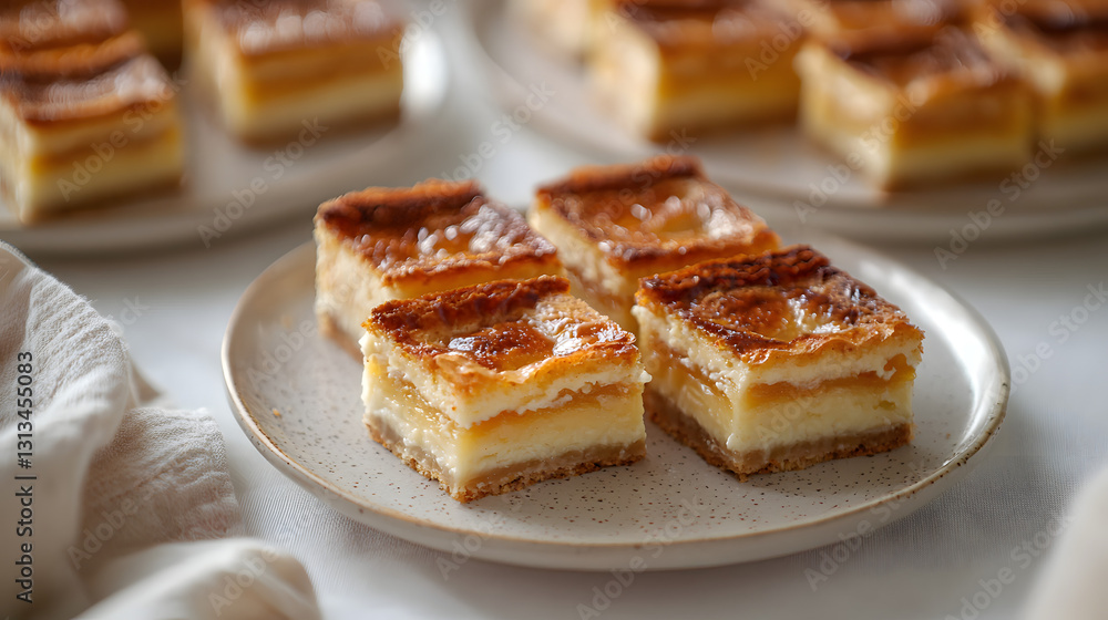 Deliciously Layered Kardinalschnitten Cut into Perfect Squares on a White Plate Deliciously Layered Kardinalschnitten Cut into Perfect Squares on a White Plate
