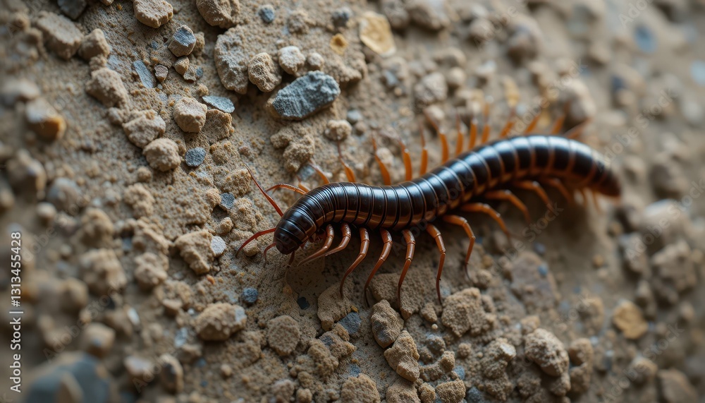 Close-Up View of a Millipede Crawling on Dry Soil Surface Close-Up View of a Millipede Crawling on Dry Soil Surface