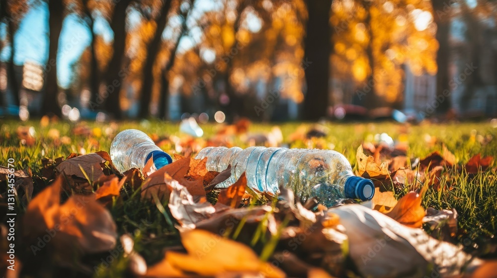 Obraz premium Plastic bottle, leaf, and paper waste scattered on green grass in the forest, highlighting the importance of recycling and the negative impact of pollution on the environment and natural ecosystems.