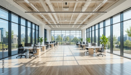 Bright and Modern Empty Office Space with Large Windows and Plants