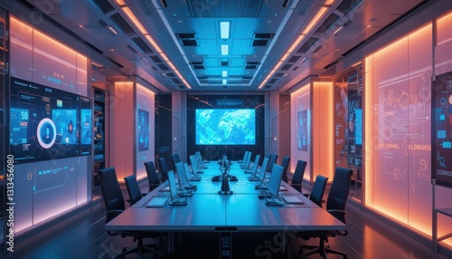 Modern Conference Room with High-Tech Displays and Global Connectivity