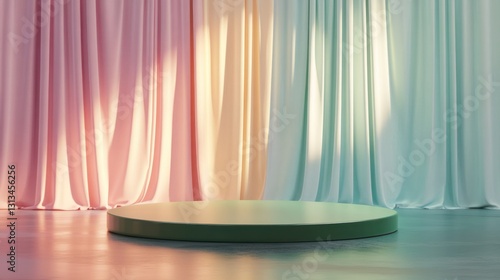 Empty round podium  pastel colored curtains  bright sunlight  product display  studio background