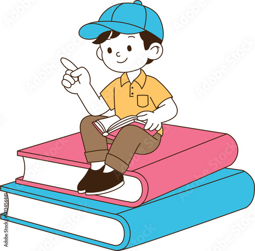 A child sitting on a big book and reading a book. minimal line art vector illustration.