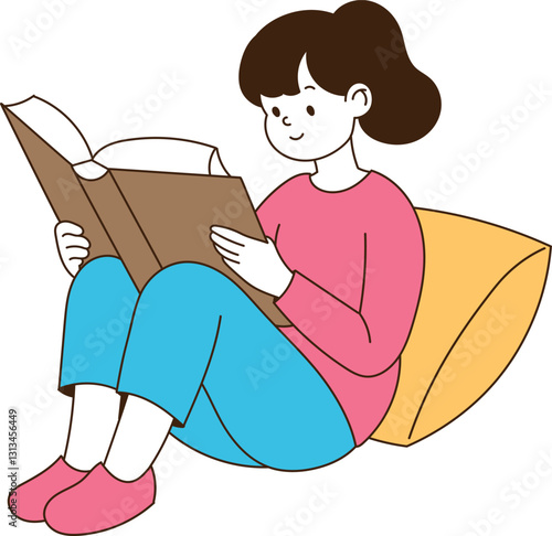 A woman reading a book leaning against a big cushion.