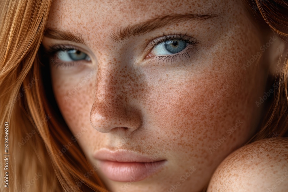 Fototapeta premium Close-Up Portrait of a Young Woman with Freckles and Blue Eyes