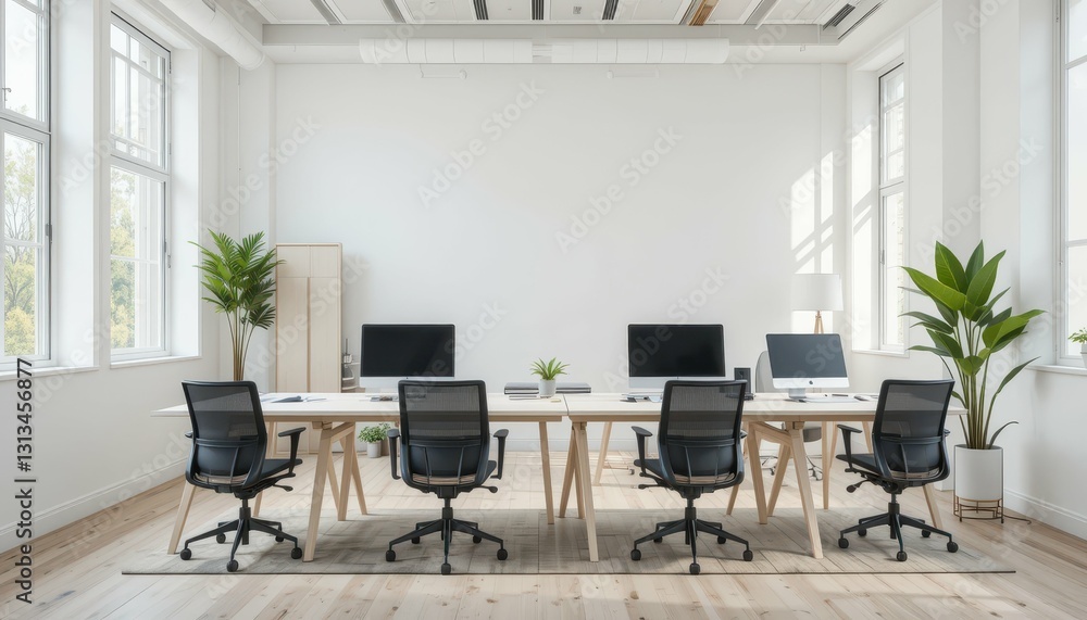 Modern Office Workspace with Desks, Chairs, and Green Plants Modern Office Workspace with Desks, Chairs, and Green Plants