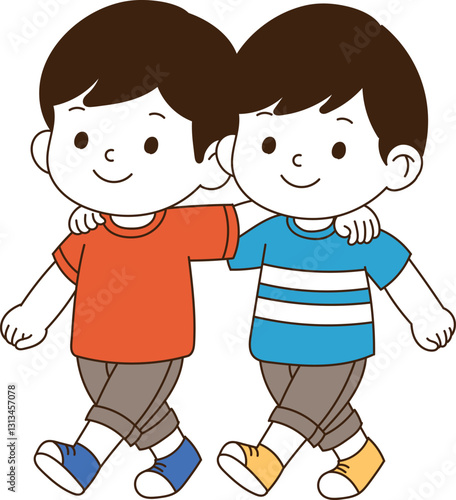children walking with arms around their shoulders. minimal line art vector illustration.
