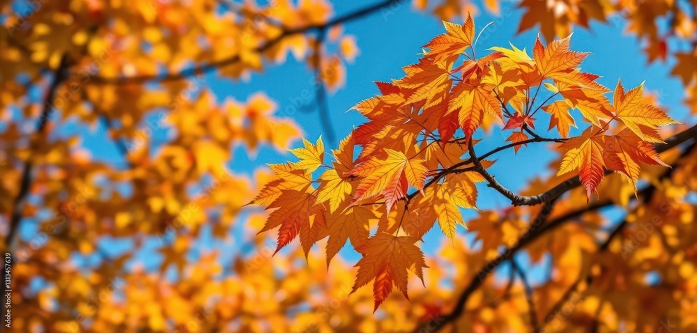 Vibrant autumn leaves on a majestic tree branch, woodland, gold Vibrant autumn leaves on a majestic tree branch, woodland, gold