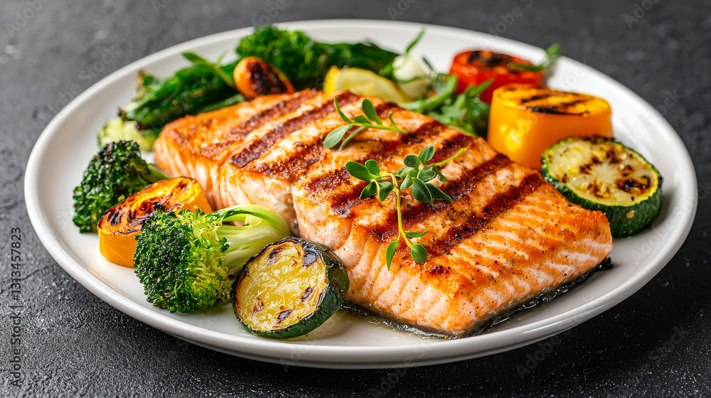 Grilled salmon steak served with colorful vegetables, showcasing delicious meal Grilled salmon steak served with colorful vegetables, showcasing delicious meal