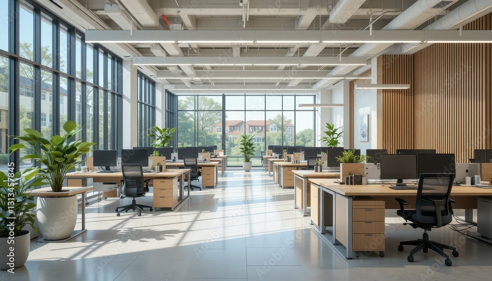 Bright Modern Office Space with Natural Light and Green Plants Bright Modern Office Space with Natural Light and Green Plants