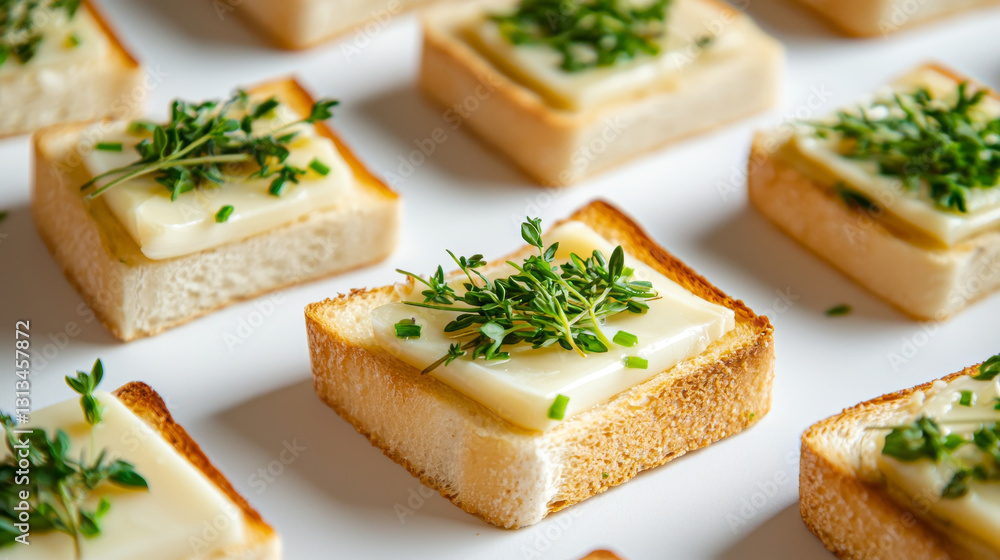 Artistic arrangement of white toast topped with cheese and fresh herbs, creating delightful presentation Artistic arrangement of white toast topped with cheese and fresh herbs, creating delightful presentation