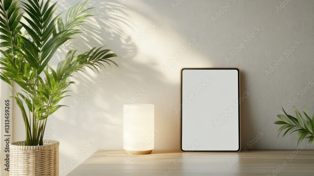 serene minimalist workspace featuring glowing table lamp and blank tablet serene minimalist workspace featuring glowing table lamp and blank tablet