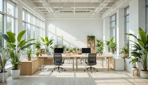 Bright and Modern Office Space with Indoor Plants and Desks
