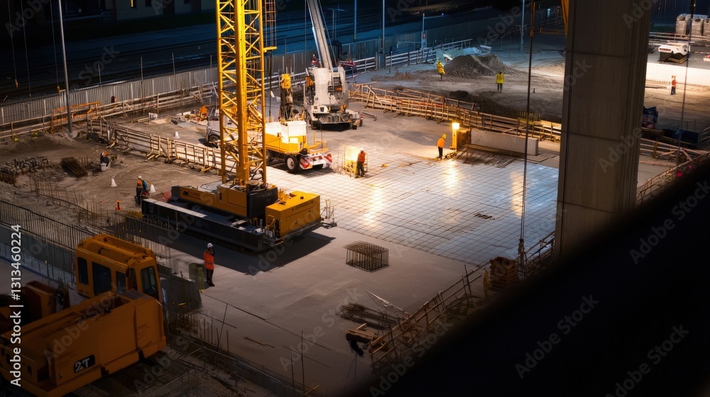 Fototapeta premium Night Construction Site with Heavy Machinery and Workers Operating