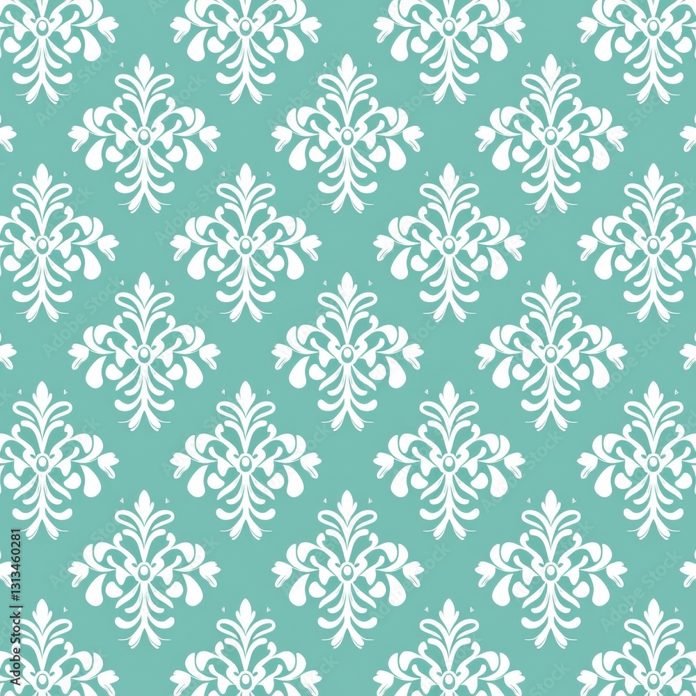 Elegant Damask Seamless Pattern in Teal and White. Elegant Damask Seamless Pattern in Teal and White.
