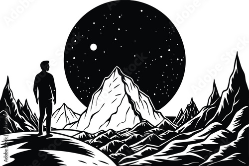 Minimalist Mountain Landscape Silhouette with Trees and Stars