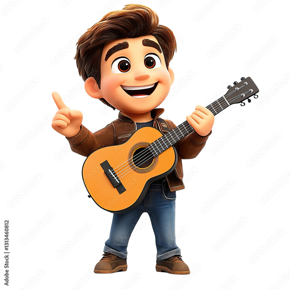 Obraz premium Joyful cartoon boy playing acoustic guitar, pointing upwards.