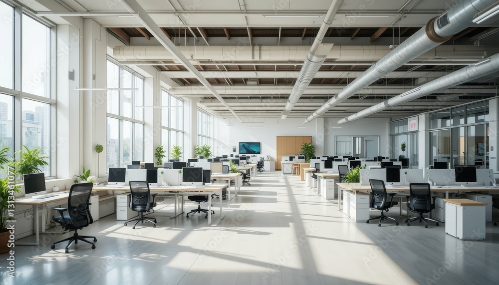 Bright and Spacious Modern Office Space with Workstations and Plants Bright and Spacious Modern Office Space with Workstations and Plants
