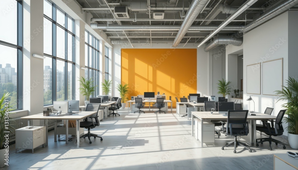 Modern Office Space with Bright Accents and Abundant Natural Light Modern Office Space with Bright Accents and Abundant Natural Light
