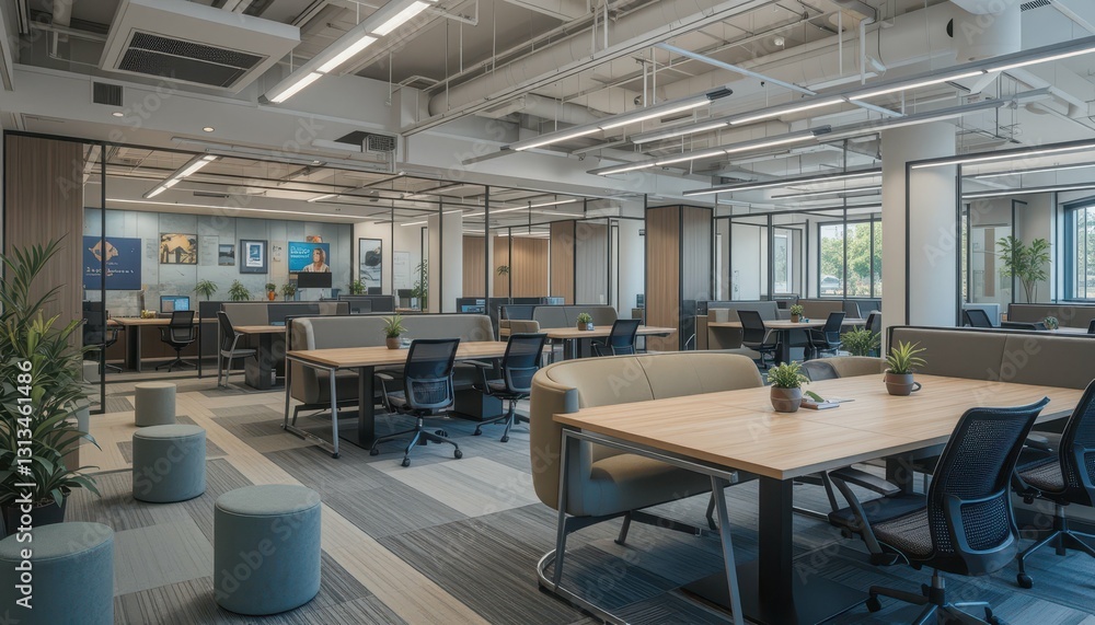 Modern Office Space with Large Windows and Collaborative Desks Modern Office Space with Large Windows and Collaborative Desks
