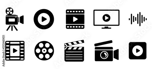 Icon Set for Video Player: Featuring Play Button, Pause/Stop, Media, Camera, Live, Cinema, Multimedia, Film, Handycam, Clapperboard, Movie, Streaming, and Online Video. Vector Design