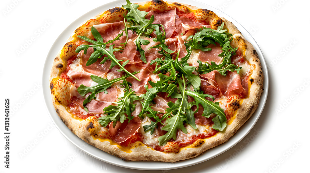 Thin crust pizza topped with prosciutto and fresh rucola on a white plate, ready to serve Thin crust pizza topped with prosciutto and fresh rucola on a white plate, ready to serve