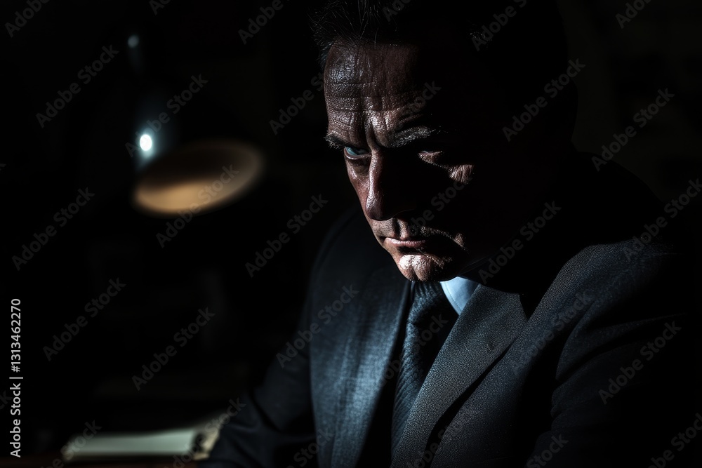Φωτογραφία A man in a suit is sitting at a desk with a lamp behind him