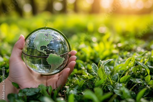 Hand holding a transparent globe with green continents in nature.