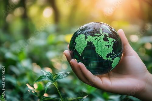 Hand holding a green globe with North America map in a natural setting.