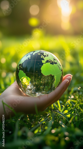 Hand holding a reflective globe in a green field with sunlight.