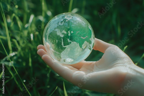 Hand holding a transparent globe over green grass in natural sunlight.