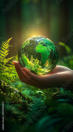 Hand holding a glass globe with a green forest reflection in sunlight.