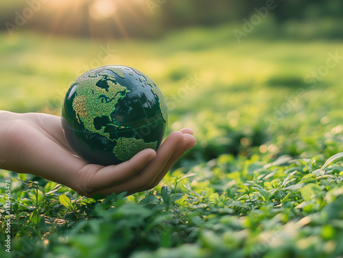 Hand holding a green globe over lush plants with sunlight in the background.