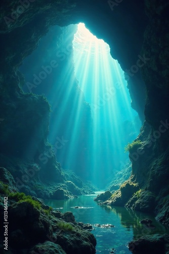 Sunbeams illuminate submerged cave, mystical underwater scene, light, ??