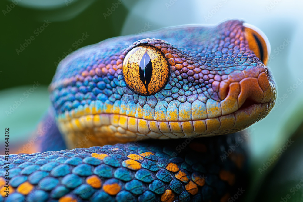 Fototapeta premium Vibrant close up of colorful snake with striking eyes and scales