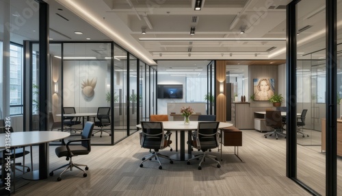 Modern Office Space with Glass Walls and Collaborative Workstations