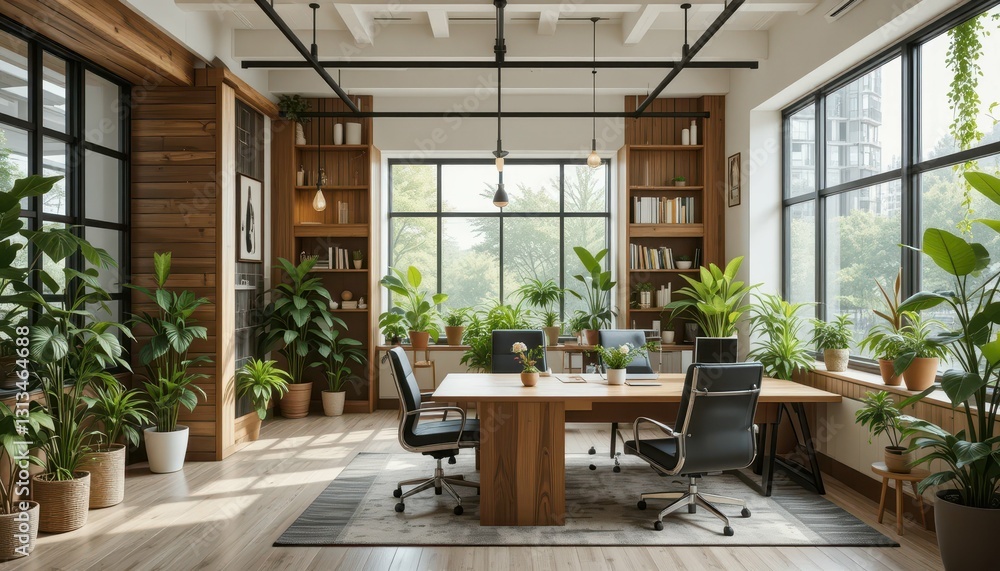 Modern Office Space with Abundant Plants and Natural Light Modern Office Space with Abundant Plants and Natural Light