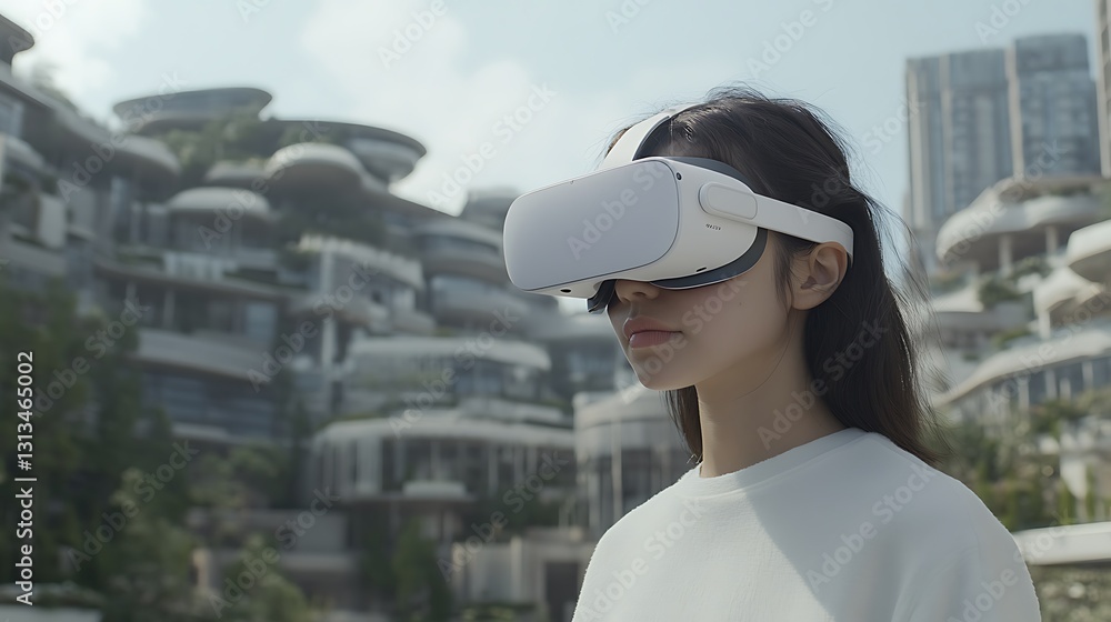 Young Woman Experiencing Virtual Reality Headset In Urban Setting Young Woman Experiencing Virtual Reality Headset In Urban Setting