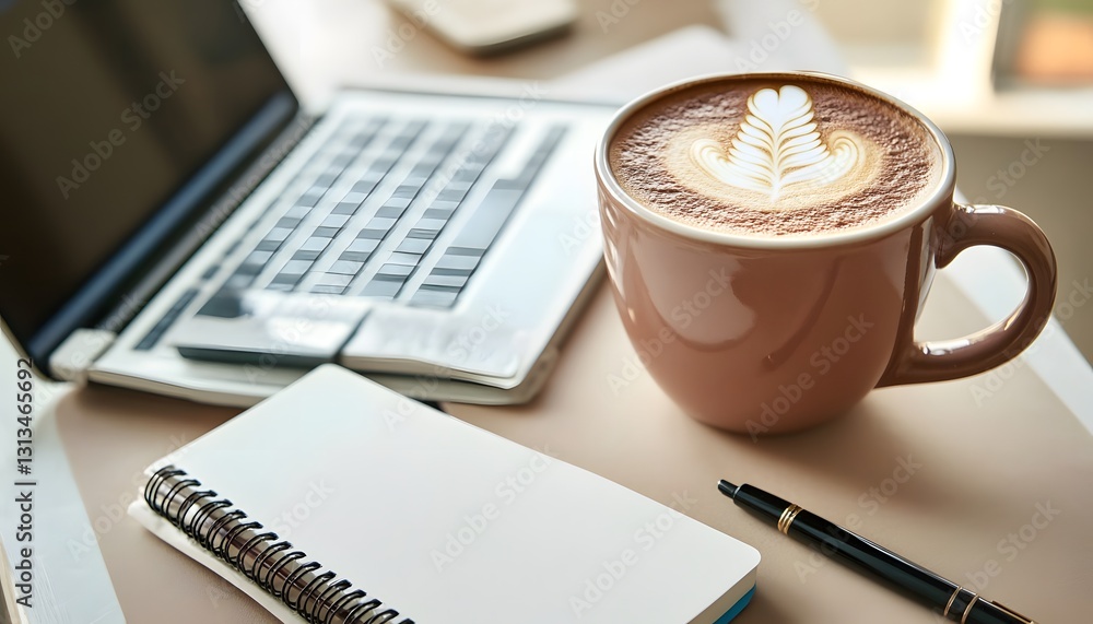 Latte Art Coffee Beside Laptop and Notebook Latte Art Coffee Beside Laptop and Notebook