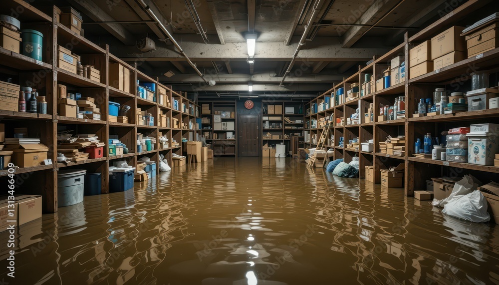 Fototapeta premium Flooded basement with shelves of storage boxes and water damage