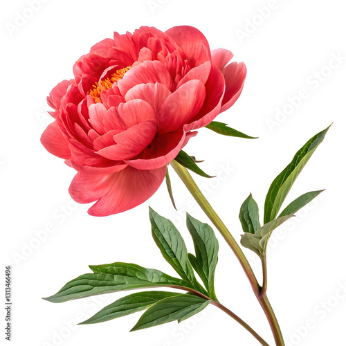 Fototapeta Naklejka Na Ścianę i Meble -  Beautiful coral peony blossom with green leaves and vibrant detail