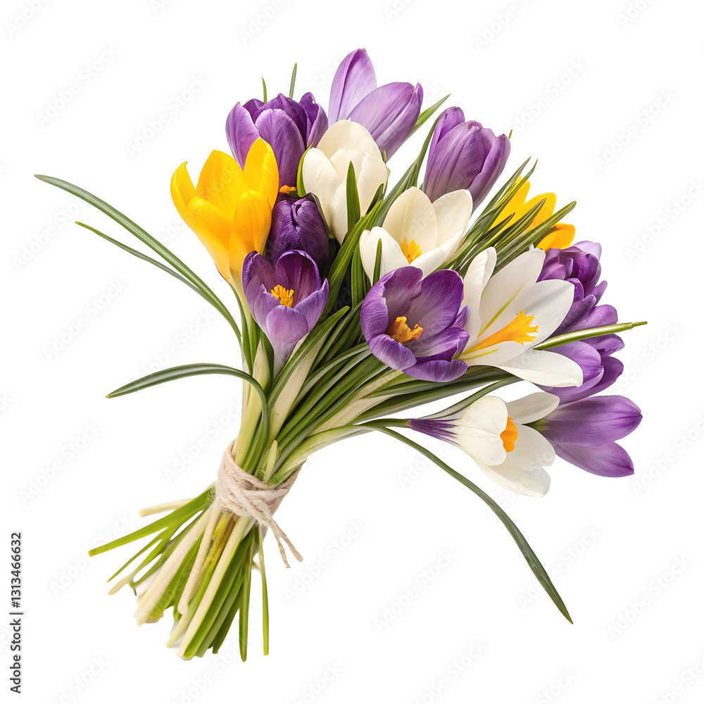 Bright crocus flowers arranged in a colorful bouquet for spring decoration Bright crocus flowers arranged in a colorful bouquet for spring decoration