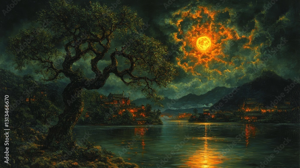Mystical moonlight reflection over tranquil waters a serene escape with ethereal ambiance and majestic tree silhouettes enhanced by glowing light Mystical moonlight reflection over tranquil waters a serene escape with ethereal ambiance and majestic tree silhouettes enhanced by glowing light