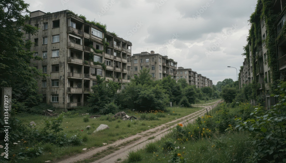 Naklejka premium Abandoned Urban Buildings Surrounded by Overgrown Vegetation