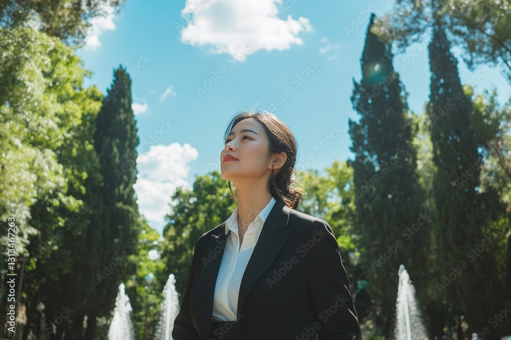 Confident Businesswoman Embracing Nature in a Lush Green Park Setting Confident Businesswoman Embracing Nature in a Lush Green Park Setting